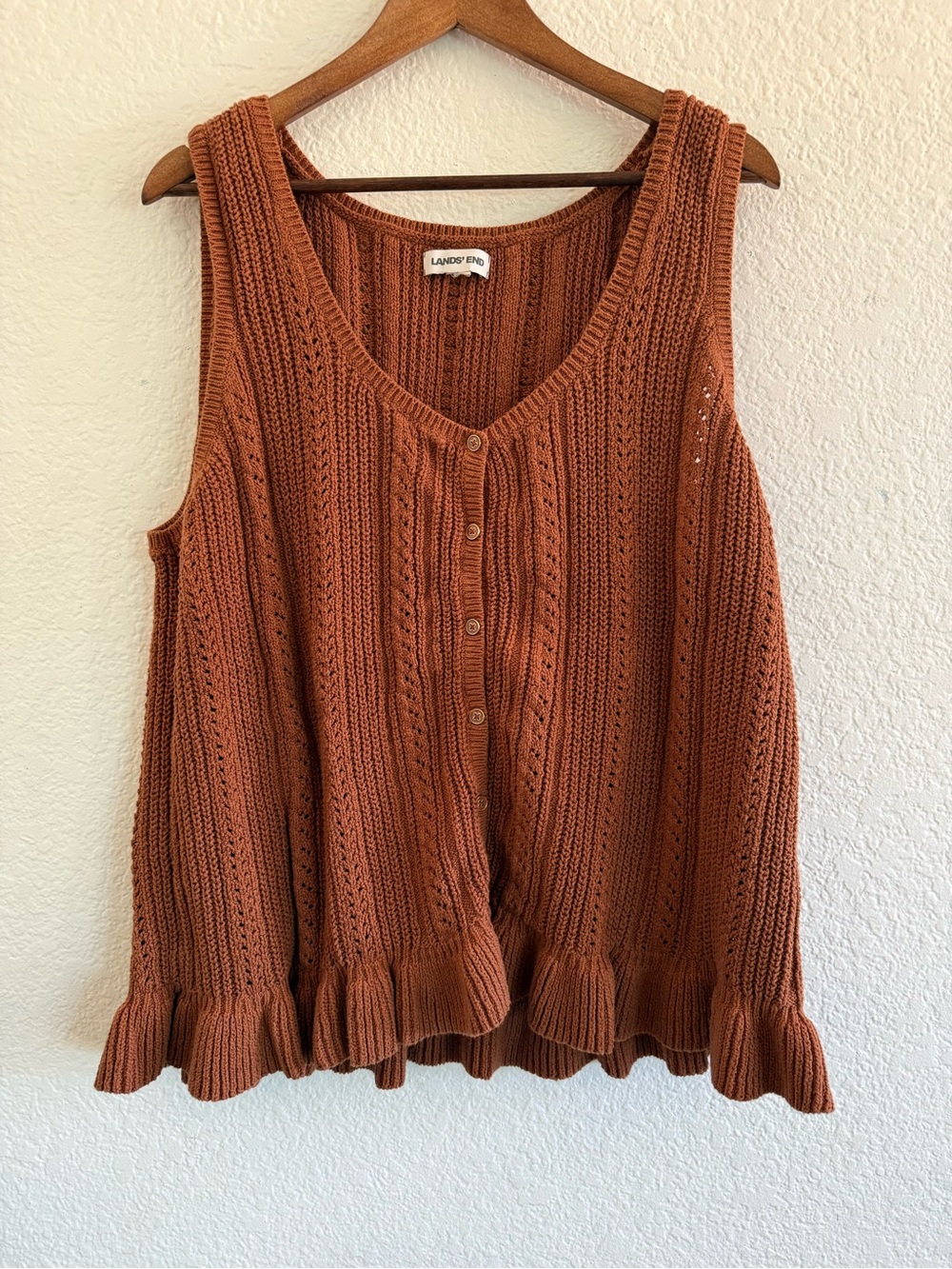 Lands End Cotton Boucle Ruffle Hem Sleeveless Sweater in Ginger Brown